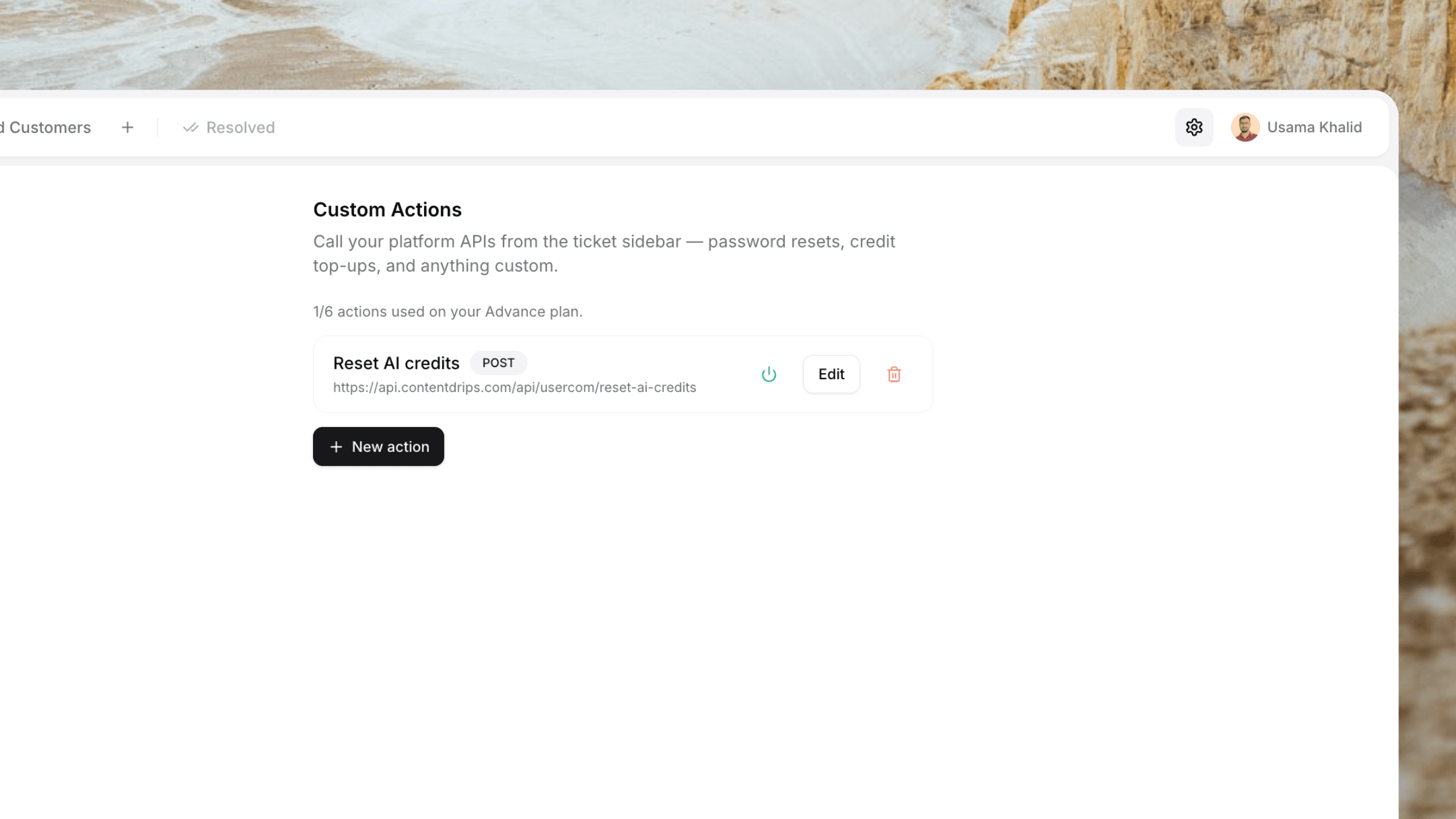 Custom Actions configuration in Userscom settings